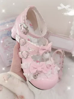 Sweet Lolita Shoes Lace Pink Bows Round Toe PU Leather Chunky Heel Lolita Pumps