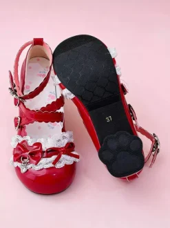 Sweet Lolita Shoes Lace Pink Bows Round Toe PU Leather Chunky Heel Lolita Pumps