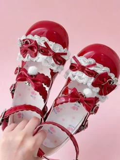 Sweet Lolita Shoes Lace Pink Bows Round Toe PU Leather Chunky Heel Lolita Pumps