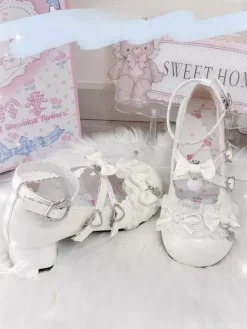Sweet Lolita Shoes Lace Pink Bows Round Toe PU Leather Chunky Heel Lolita Pumps