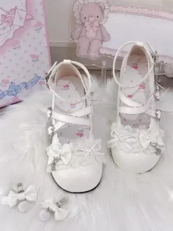 Sweet Lolita Shoes Lace Pink Bows Round Toe PU Leather Chunky Heel Lolita Pumps