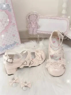 Sweet Lolita Shoes Lace Pink Bows Round Toe PU Leather Chunky Heel Lolita Pumps
