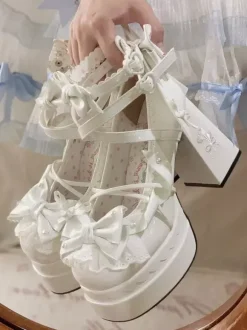 Sweet Lolita Shoes Light Green Bows PU Leather Chunky Heel Lolita Pumps
