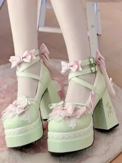 Sweet Lolita Shoes Light Green Bows PU Leather Chunky Heel Lolita Pumps