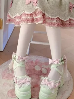 Sweet Lolita Shoes Light Green Bows PU Leather Chunky Heel Lolita Pumps