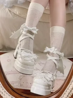 Sweet Lolita Shoes Light Green Bows PU Leather Chunky Heel Lolita Pumps