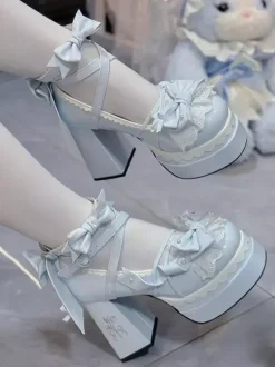 Sweet Lolita Shoes Light Green Bows PU Leather Chunky Heel Lolita Pumps