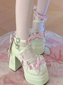 Sweet Lolita Shoes Light Green Bows PU Leather Chunky Heel Lolita Pumps