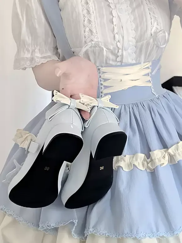Sweet Lolita Shoes Light Sky Blue Bows PU Leather Puppy Heel Lolita Pumps