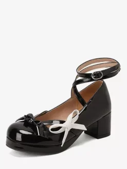 Sweet Lolita Shoes Orange Red Bows Patent Leather Chunky Heel Lolita Pumps