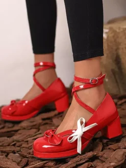 Sweet Lolita Shoes Orange Red Bows Patent Leather Chunky Heel Lolita Pumps