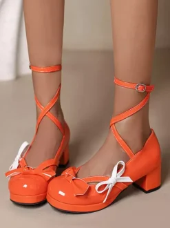 Sweet Lolita Shoes Orange Red Bows Patent Leather Chunky Heel Lolita Pumps