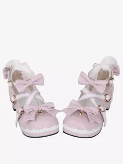 Sweet Lolita Shoes Pink Bows Chunky Heel Lolita Pumps