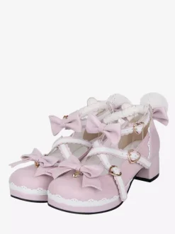 Sweet Lolita Shoes Pink Bows Chunky Heel Lolita Pumps