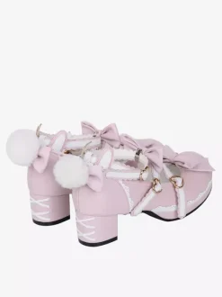 Sweet Lolita Shoes Pink Bows Chunky Heel Lolita Pumps