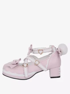 Sweet Lolita Shoes Pink Bows Chunky Heel Lolita Pumps
