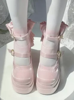 Sweet Lolita Shoes Pink Bows Mary Jane High Heels Platform Lolita Pumps