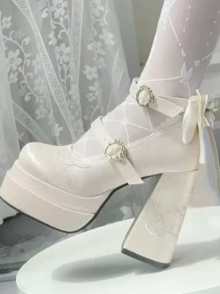 Sweet Lolita Shoes Pink Bows Mary Jane High Heels Platform Lolita Pumps