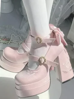 Sweet Lolita Shoes Pink Bows Mary Jane High Heels Platform Lolita Pumps