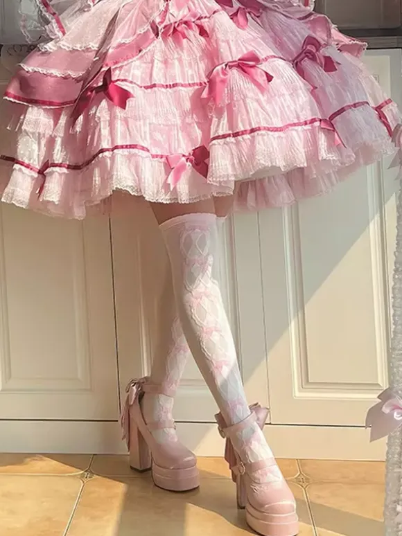 Sweet Lolita Shoes Pink Bows Mary Jane High Heels Platform Lolita Pumps