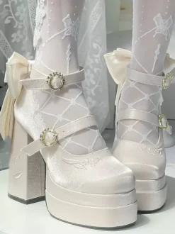 Sweet Lolita Shoes Pink Bows Mary Jane High Heels Platform Lolita Pumps