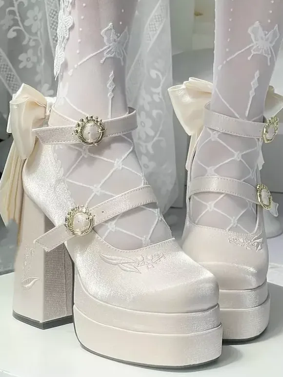 Sweet Lolita Shoes Pink Bows Mary Jane High Heels Platform Lolita Pumps