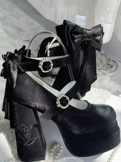 Sweet Lolita Shoes Pink Bows Mary Jane High Heels Platform Lolita Pumps