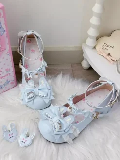 Sweet Lolita Shoes Pink Bows Rubbit Bunny PU Leather Chunky Heel Lolita Shoes