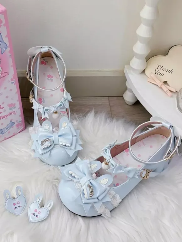 Sweet Lolita Shoes Pink Bows Rubbit Bunny PU Leather Chunky Heel Lolita Shoes