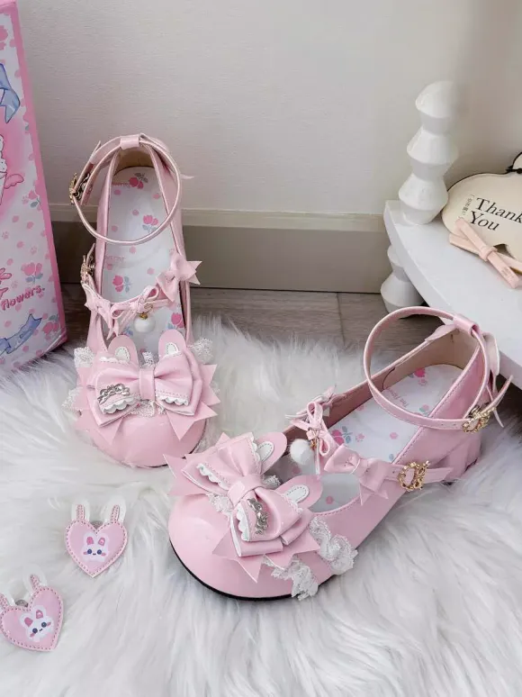 Sweet Lolita Shoes Pink Bows Rubbit Bunny PU Leather Chunky Heel Lolita Shoes