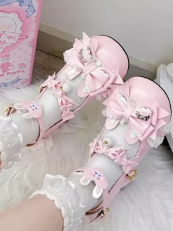 Sweet Lolita Shoes Pink Bows Rubbit Bunny PU Leather Chunky Heel Lolita Shoes