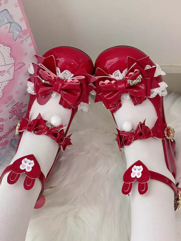 Sweet Lolita Shoes Pink Bows Rubbit Bunny PU Leather Chunky Heel Lolita Shoes