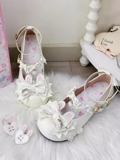 Sweet Lolita Shoes Pink Bows Rubbit Bunny PU Leather Chunky Heel Lolita Shoes