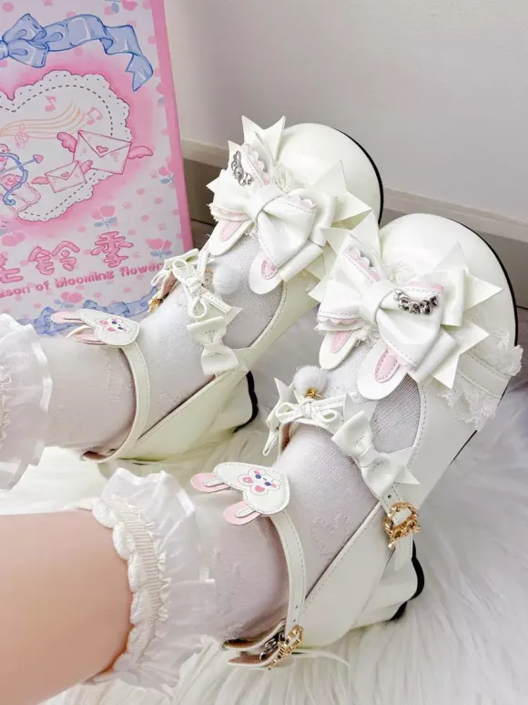 Sweet Lolita Shoes Pink Bows Rubbit Bunny PU Leather Chunky Heel Lolita Shoes