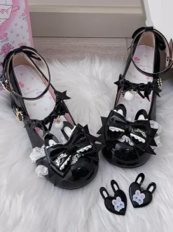 Sweet Lolita Shoes Pink Bows Rubbit Bunny PU Leather Chunky Heel Lolita Shoes