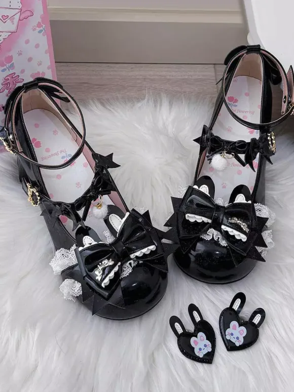 Sweet Lolita Shoes Pink Bows Rubbit Bunny PU Leather Chunky Heel Lolita Shoes