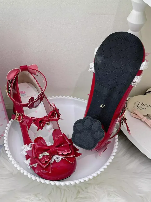 Sweet Lolita Shoes Pink Bows Rubbit Bunny PU Leather Chunky Heel Lolita Shoes