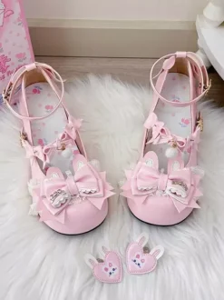 Sweet Lolita Shoes Pink Bows Rubbit Bunny PU Leather Chunky Heel Lolita Shoes