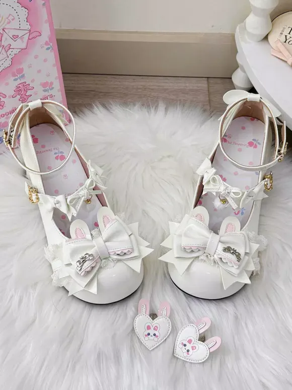 Sweet Lolita Shoes Pink Bows Rubbit Bunny PU Leather Chunky Heel Lolita Shoes