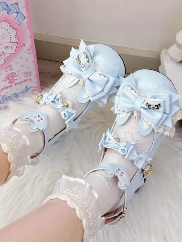 Sweet Lolita Shoes Pink Bows Rubbit Bunny PU Leather Chunky Heel Lolita Shoes