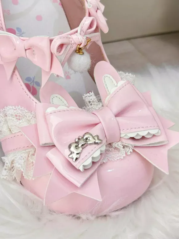 Sweet Lolita Shoes Pink Bows Rubbit Bunny PU Leather Chunky Heel Lolita Shoes
