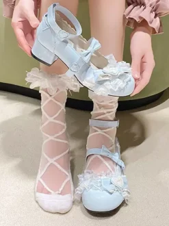 Sweet Lolita ShoesPink Bows Round Toe PU Leather Chunky Heel Lolita Pumps