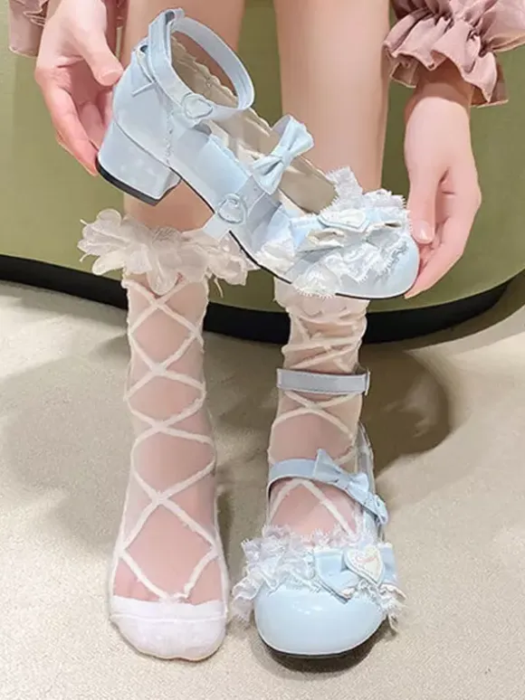 Sweet Lolita ShoesPink Bows Round Toe PU Leather Chunky Heel Lolita Pumps