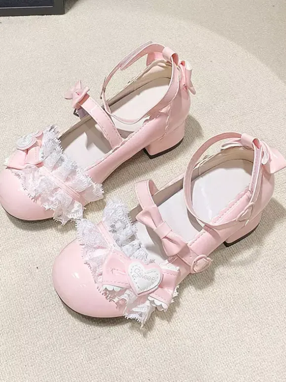 Sweet Lolita ShoesPink Bows Round Toe PU Leather Chunky Heel Lolita Pumps