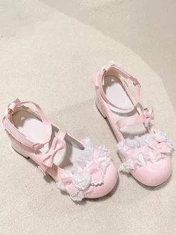 Sweet Lolita ShoesPink Bows Round Toe PU Leather Chunky Heel Lolita Pumps