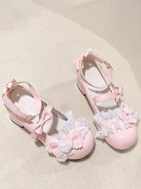 Sweet Lolita ShoesPink Bows Round Toe PU Leather Chunky Heel Lolita Pumps