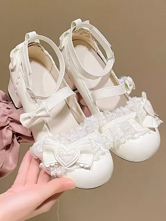 Sweet Lolita ShoesPink Bows Round Toe PU Leather Chunky Heel Lolita Pumps