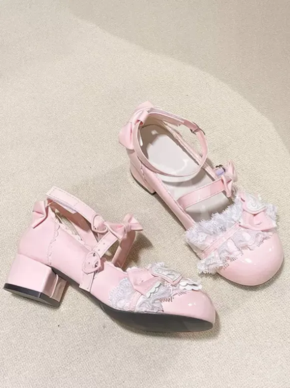 Sweet Lolita ShoesPink Bows Round Toe PU Leather Chunky Heel Lolita Pumps