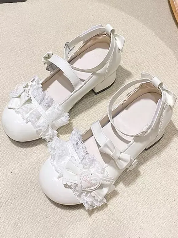 Sweet Lolita ShoesPink Bows Round Toe PU Leather Chunky Heel Lolita Pumps