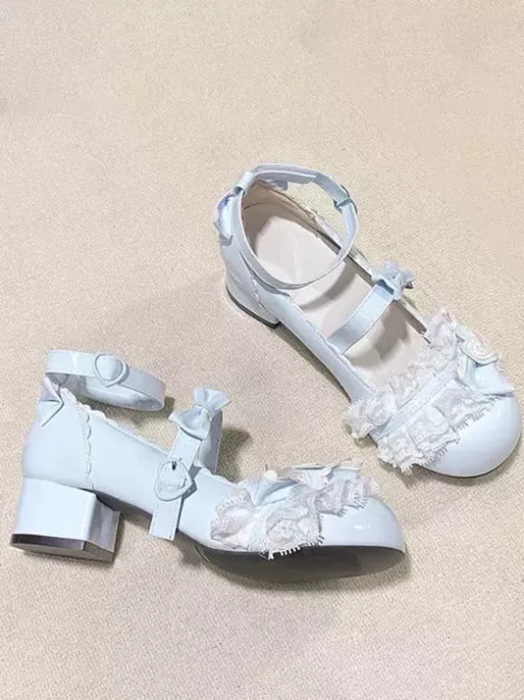 Sweet Lolita ShoesPink Bows Round Toe PU Leather Chunky Heel Lolita Pumps